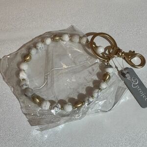 D Project Beaded Keychain Bracelet White Marble Gold Toned Beads Charm Fob Ring